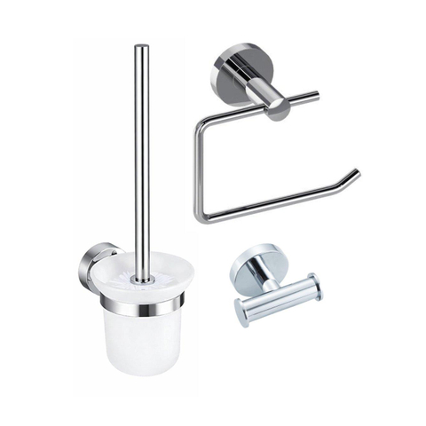 Fortifura Calvi Toiletset 3-delig - toiletrolhouder - zonder klep - toiletborstel - handdoekhaak dubbel rond - hoogglans chroom SW1248433
