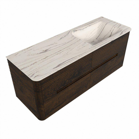 Mondiaz CIRO-DLUX Ensemble de meubles de salle de bains - 130x45x50cm - Vasque en solid surface Nata - 1 bassin à droite - 1 trou de robinet - 4 tiroirs - Noyer SW1530570