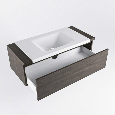 Mondiaz BUKLA Ensemble de meuble - 100x45x34cm - 1 trou de robinet - lavabo centré - solid surface - Talc - sans poignée - 1 tiroir - Mélamine - Marron foncé SW704857