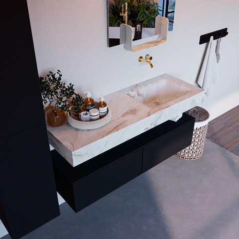 Mondiaz ALAN-DLUX Ensemble de meuble - 130cm - meuble Urban mat - 2 tiroirs - Lavabo Cloud Frappe suspendu - vasque Droite - 0 trous de robinet SW805475