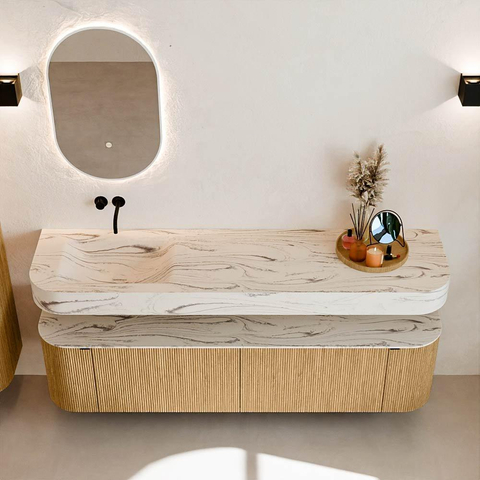 MONDIAZ THOR-DLUX 180cm meuble de salle de bains arrondi gauche + droite couleur Oak avec 2 tiroirs et 2 portes. Vasque suspendue CLOUD Gauche sans trou de robinet couleur Nata. SW1466185