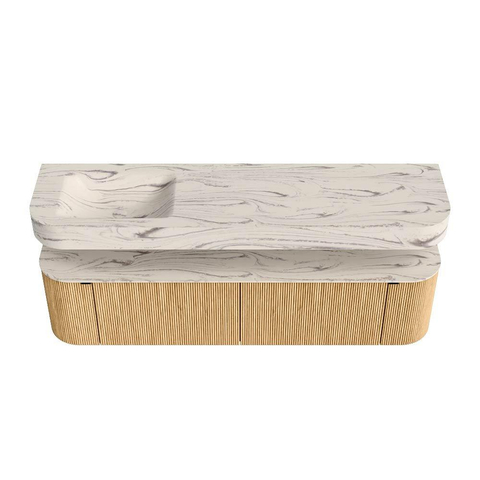MONDIAZ THOR-DLUX 180cm meuble de salle de bains arrondi gauche + droite couleur Oak avec 2 tiroirs et 2 portes. Vasque suspendue CLOUD Gauche sans trou de robinet couleur Nata. SW1466185