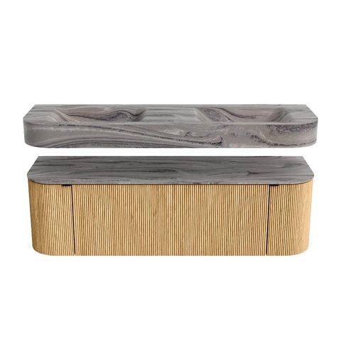 MONDIAZ THOR-DLUX 150cm badmeubel ronding links + rechts kleur Oak met 1 lade en 2 deuren. Vrijhangende wastafel CLOUD Dubbel 2 kraangaten kleur Sombra. SW1464925