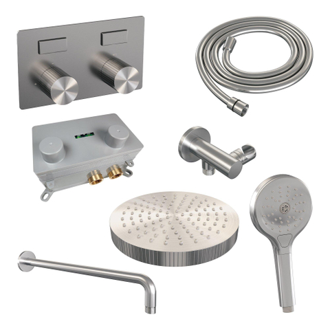 BRAUER Stripe Douche de tête thermostatique encastrable - boutons-poussoirs - SET 29 - pomme de douche 25cm - bras mural courbé - douchette 3 positions - flexible de douche - coude mural - finition PVD brossée couleur inox SW1435267