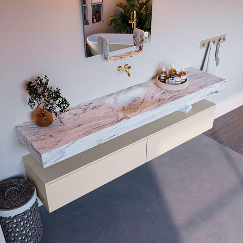 Mondiaz ALAN-DLUX Ensemble de meuble - 200cm - meuble Linen mat - 2 tiroirs - Lavabo Cloud Glace suspendu - vasque Centre - 0 trous de robinet SW805821
