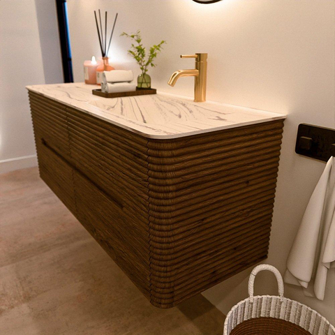 Mondiaz CIRO-DLUX Meuble de salle de bains - 130x45x50cm - Vasque solid surface Nata - 1 lavabo à droite - 1 trou de robinet - 4 tiroirs - Dusk SW1533215