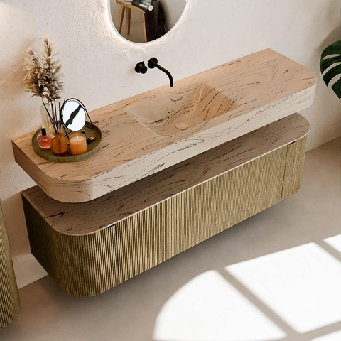 MONDIAZ THOR-DLUX 160cm meuble de salle de bains arrondi gauche + droite couleur Dusk avec 1 tiroir et 2 portes. Vasque suspendue CLOUD Milieu sans trou de robinet couleur Arena. SW1465131