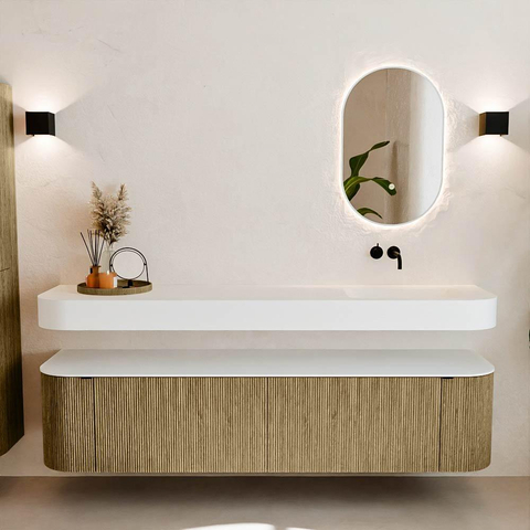 MONDIAZ THOR Meuble de salle de bains 190cm arrondi gauche + droite couleur Dusk avec 2 tiroirs et 2 portes. Vasque suspendue CLOUD Droite sans trou de robinet couleur Talc. SW1466437