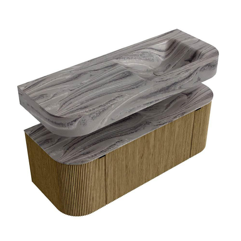 MONDIAZ THOR-DLUX 120cm meuble de salle de bains arrondi gauche + droite couleur Dusk avec 1 tiroir et 2 portes. Vasque suspendue CLOUD Droite sans trou de robinet couleur Sombra. SW1463704