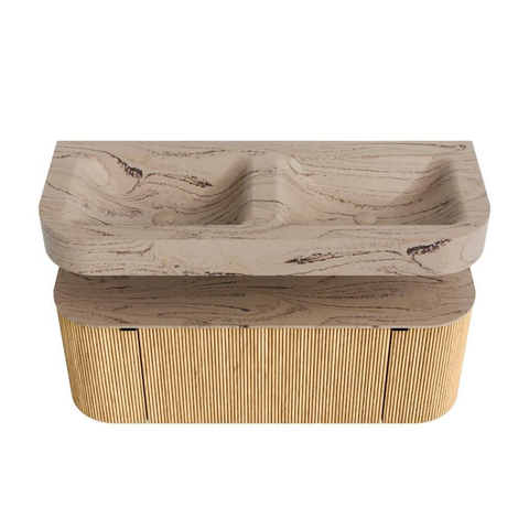 MONDIAZ THOR-DLUX 120cm meuble de salle de bains arrondi gauche + droite couleur Chêne avec 1 tiroir et 2 portes. Vasque suspendue CLOUD Double sans trou de robinet couleur Arena. SW1463387