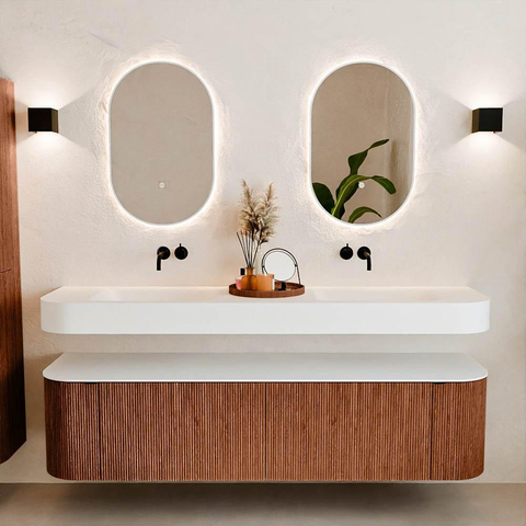 MONDIAZ THOR Meuble de salle de bains 180cm arrondi gauche + droite couleur Ruby avec 2 tiroirs et 2 portes. Vasque suspendue CLOUD Double sans trou de robinet couleur Talc. SW1466020