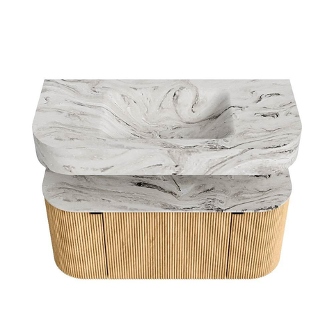 MONDIAZ THOR-DLUX 100cm badmeubel ronding links + rechts kleur Oak met 1 lade en 2 deuren. Vrijhangende wastafel CLOUD Midden zonder kraangat kleur Glace. SW1467309