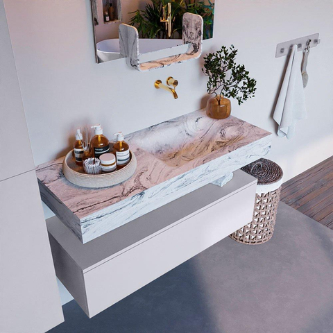 Mondiaz ALAN-DLUX Ensemble de meuble - 110cm - meuble Cale mat - 1 tiroir - Lavabo Cloud Glace suspendu - vasque Droite - 0 trous de robinet SW805898