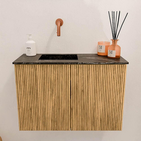 Mondiaz JOYA-DLUX 60cm toiletmeubel - kleur Oak - Wastafel FAYE positie Links Zonder kraangat kleur Lava. SW1422031