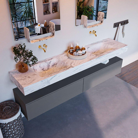 Mondiaz ALAN-DLUX Ensemble de meuble - 200cm - meuble Plata mat - 2 tiroirs - Lavabo Cloud Glace suspendu - vasque Gauche et droite - 0 trous de robinet SW806305