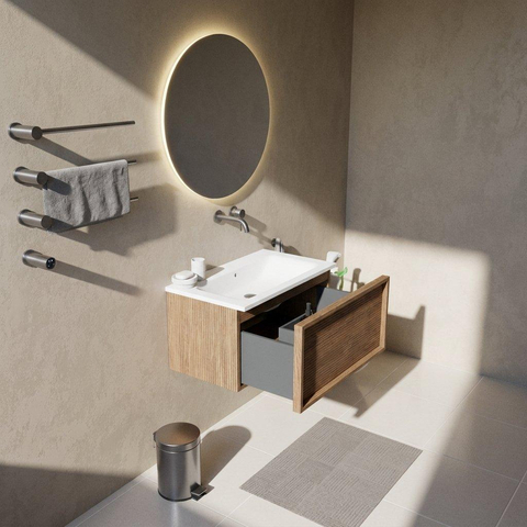 Saniclass Holz Frame Ensemble de meubles de salle de bains - 80x45x57.5cm - lavabo Torino en Solid Surface blanc - sans trou de robinet - 1 tiroir - chêne natural mat (bois) SW1478650