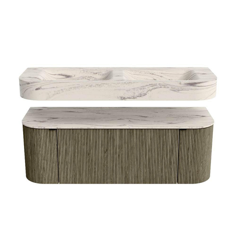 MONDIAZ THOR-DLUX 130cm meuble de salle de bains arrondi gauche + droite couleur Shadow avec 1 tiroir et 2 portes. Vasque suspendue CLOUD Double sans trou de robinet couleur Nata. SW1463911