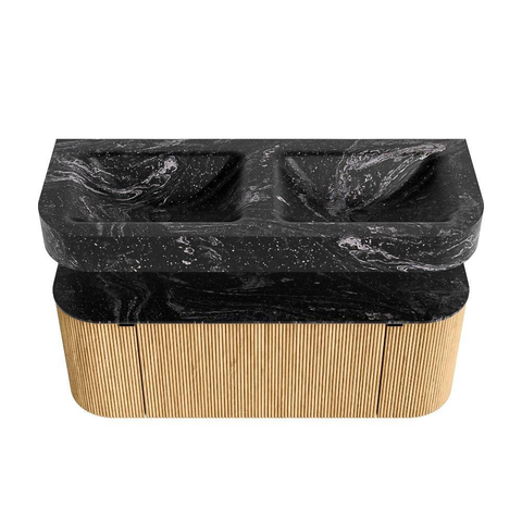 MONDIAZ THOR-DLUX 120cm badmeubel ronding links + rechts kleur Oak met 1 lade en 2 deuren. Vrijhangende wastafel CLOUD Dubbel zonder kraangat kleur Lava. SW1463140