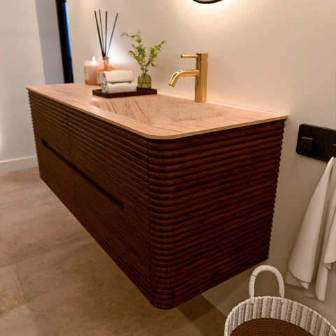Mondiaz CIRO-DLUX Badkamermeubelset - 130x45x50cm - Solid surface wastafel Saba - 1 wasbak Rechts - 1 kraangat - 4 lades - Ruby SW1531936