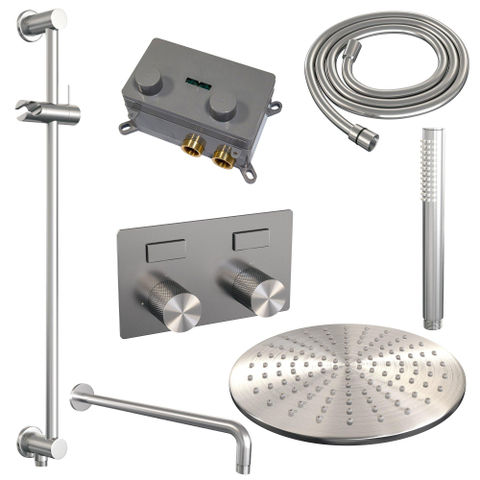 BRAUER Brushed Carving Thermostatische Regendouche inbouw - drukknoppen - SET 64 - 30cm hoofddouche - gebogen muurarm - staaf handdouche - doucheslang - geïntegreerde glijstang - RVS geborsteld PVD SW925458