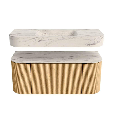 MONDIAZ THOR-DLUX 110cm badmeubel ronding links + rechts kleur Oak met 1 lade en 2 deuren. Vrijhangende wastafel CLOUD Midden zonder kraangat kleur Nata. SW1462968