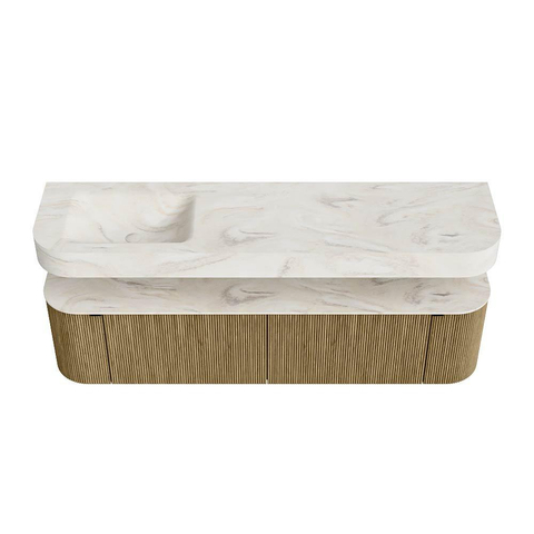 MONDIAZ THOR-DLUX Meuble de salle de bains 180cm arrondi gauche + droite couleur Dusk avec 2 tiroirs et 2 portes. Vasque suspendue CLOUD Gauche sans trou de robinet couleur Ostra. SW1466016