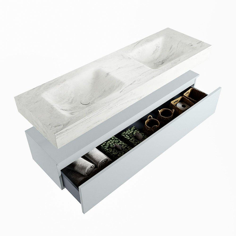 Mondiaz ALAN-DLUX Ensemble de meuble - 150cm - meuble Clay mat - 1 tiroir - Lavabo Cloud Opalo suspendu - vasque Gauche et droite - 2 trous de robinet SW806990