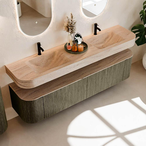 MONDIAZ THOR-DLUX Meuble de salle de bains - 190cm - arrondi gauche + droite - couleur Shadow - 2 tiroirs et 2 portes - Lavabo suspendu CLOUD Double 2 trous de robinet - couleur Saba SW1466699