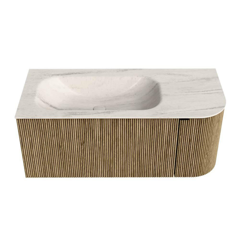 MONDIAZ KURVE-DLUX Meuble de salle de bains 105cm arrondi à droite couleur Dusk avec 1 tiroir et 1 porte. Lavabo BIG SMALL gauche sans trou de robinet Meli. SW1434025