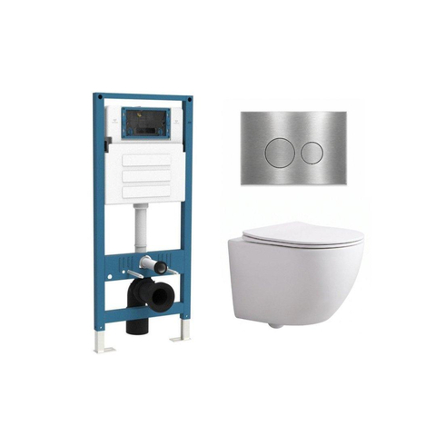QeramiQ Dely Swirl Compact Ensemble WC - réservoir encastré QeramiQ flush - abattant 25 mm - plaque de commande métallique inox - boutons ronds - blanc mat SW1590808
