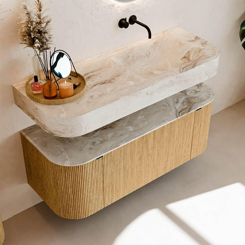 MONDIAZ THOR-DLUX 120cm badmeubel ronding links + rechts kleur Oak met 1 lade en 2 deuren. Vrijhangende wastafel CLOUD Rechts zonder kraangat kleur Frappe. SW1463058