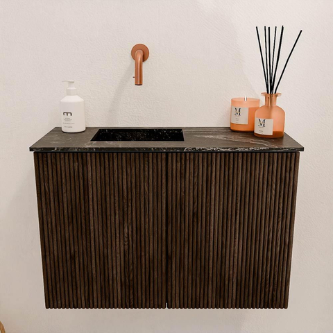 Mondiaz JOYA-DLUX 60cm toiletmeubel - kleur Walnut - Wastafel FAYE positie Links Zonder kraangat kleur Lava. SW1422463