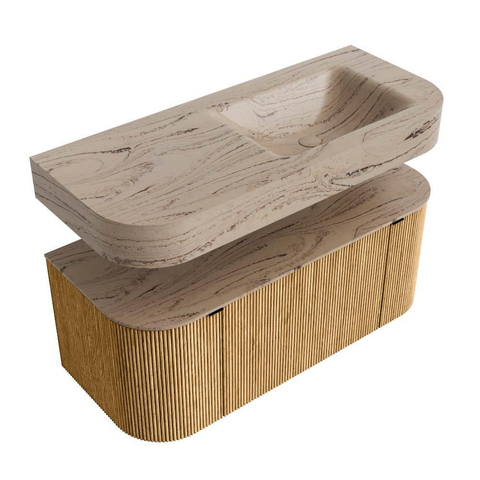 MONDIAZ THOR-DLUX 110cm badmeubel ronding links + rechts kleur Oak met 1 lade en 2 deuren. Vrijhangende wastafel CLOUD Rechts 1 kraangat kleur Arena. SW1462895