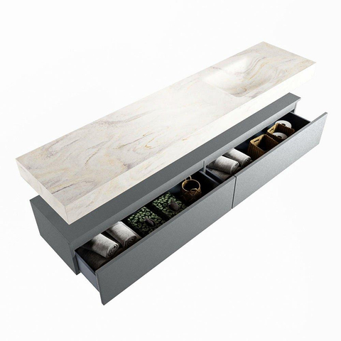 Mondiaz ALAN-DLUX Ensemble de meuble - 200cm - meuble Plata mat - 2 tiroirs - Lavabo Cloud Ostra suspendu - vasque Droite - 0 trous de robinet SW807833