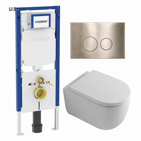 QeramiQ Dely Swirl Toiletset - 36.3x51.7cm - Geberit UP720 Duofix Sigma inbouwreservoir - 35mm zitting - geborsteld messing bedieningsplaat - ronde knoppen - glans wit SW1413878