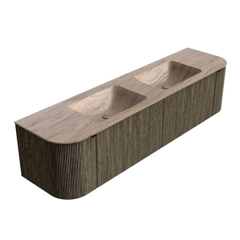 MONDIAZ KURVE-DLUX Meuble de salle de bains 180cm arrondi Gauche + Droite couleur Shadow avec 2 tiroirs et 2 portes. Lavabo LEAF Double 2 trous de robinet Saba. SW1433295
