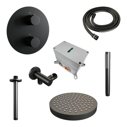 BRAUER Stripe Douche de tête thermostatique encastrable - 3 voies - ronde - SET 39 - pomme de douche 25cm - bras plafond - douchette à main barre - flexible de douche - coude mural - noir mat SW1435167