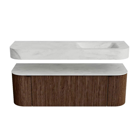 MONDIAZ THOR-DLUX 140cm badmeubel ronding links + rechts kleur Walnut met 1 lade en 2 deuren. Vrijhangende wastafel CLOUD Rechts 1 kraangat kleur Opalo. SW1464089