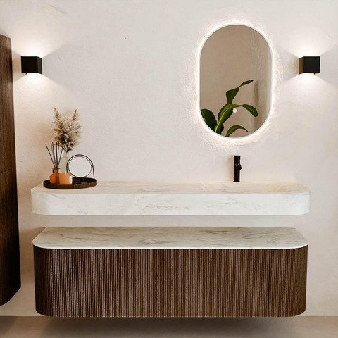 MONDIAZ THOR-DLUX Meuble de salle de bains 160cm arrondi gauche + droite couleur Walnut avec 1 tiroir et 2 portes. Vasque suspendue CLOUD Droite 1 trou de robinet couleur Ostra. SW1465025