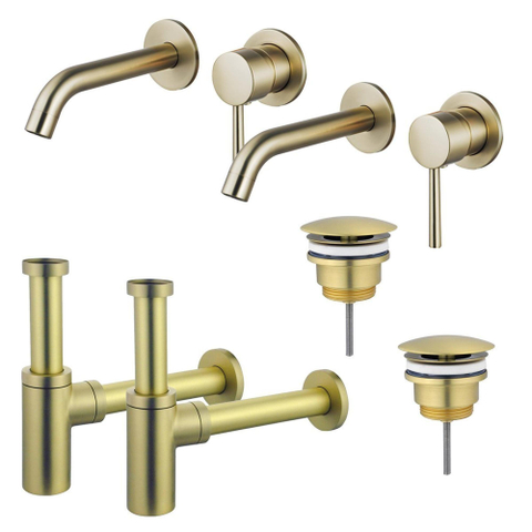 FugaFlow Eccelente Sobrado Slim Kit robinet lavabo - pour double vasque - robinet rehaussé - bonde non-obturable - siphon design - Laiton brossé PVD SW1124369
