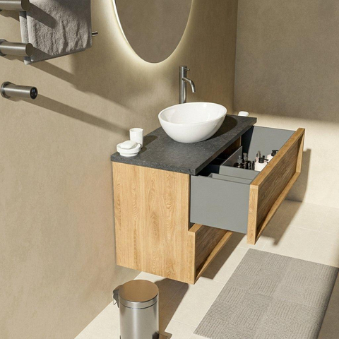 Saniclass Holz Frame Badkamermeubelset - 100x45x63cm - Noche basalten wastafelblad gepolijst (zwart) - 1 kraangat - 2 lades - mat eiken natural (hout) SW1579908