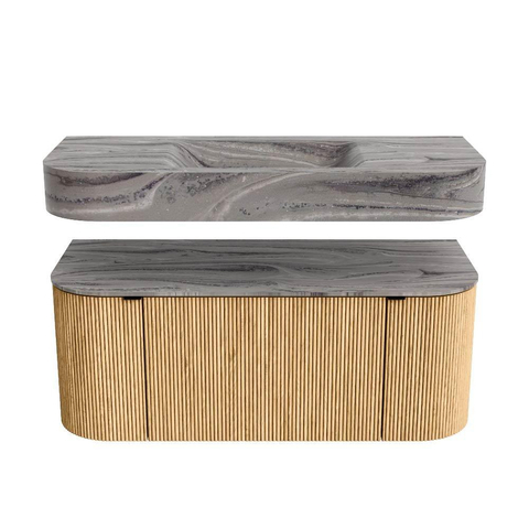 MONDIAZ THOR-DLUX 110cm badmeubel ronding links + rechts kleur Oak met 1 lade en 2 deuren. Vrijhangende wastafel CLOUD Midden zonder kraangat kleur Sombra. SW1463054