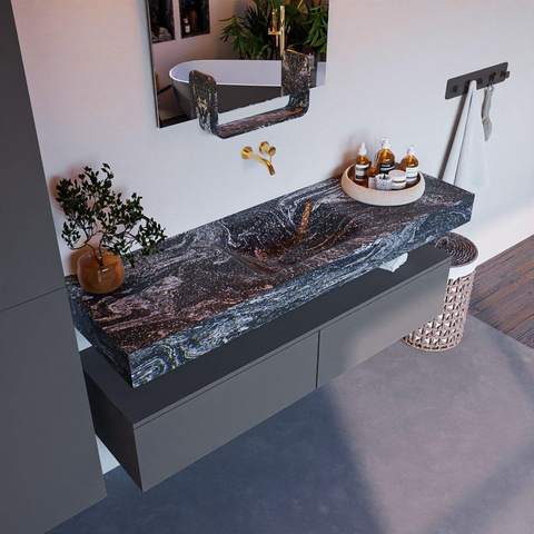 Mondiaz ALAN-DLUX Ensemble de meuble - 150cm - meuble Plata mat - 2 tiroirs - Lavabo Cloud Lava suspendu - vasque Centre - 0 trous de robinet SW808467