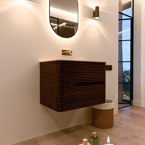 Mondiaz CIRO-DLUX Badkamermeubelset - 70x45x50cm - Solid surface wastafel Saba - 1 wasbak Midden - zonder kraangaten - 2 lades - Walnut SW1530677