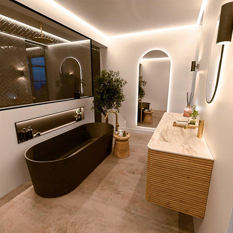 Mondiaz CIRO-DLUX Ensemble de meubles de salle de bains - 160x45x50cm - Plan vasque solid surface Frappe - 1 lavabo à droite - 1 trou de robinet - 4 tiroirs - Chêne SW1530868