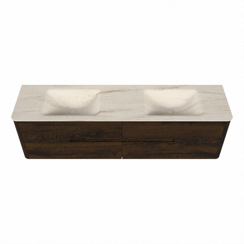 Mondiaz CIRO-DLUX Badkamermeubelset - 180x45x50cm - Solid surface wastafel Meli - 2 wasbak Dubbel - 2 kraangaten - 4 lades - Walnut SW1530563