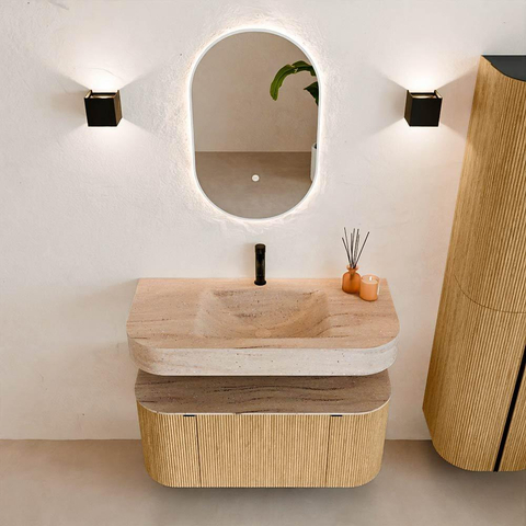 MONDIAZ THOR-DLUX 100cm badmeubel ronding links + rechts kleur Oak met 1 lade en 2 deuren. Vrijhangende wastafel CLOUD Midden 1 kraangat kleur Saba. SW1467554