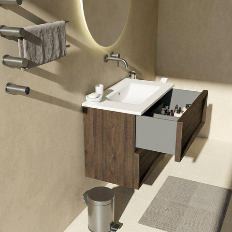 Saniclass Holz Frame Badkamermeubelset - 80x45x77.5cm - Torino solid surface wastafel wit - zonder kraangat - 2 lades - mat eiken charcoal (hout) SW1579916