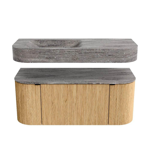 MONDIAZ THOR-DLUX 110cm meuble de salle de bains arrondi gauche + droite couleur Oak avec 1 tiroir et 2 portes. Vasque suspendue CLOUD Gauche sans trou de robinet couleur Oza. SW1462985