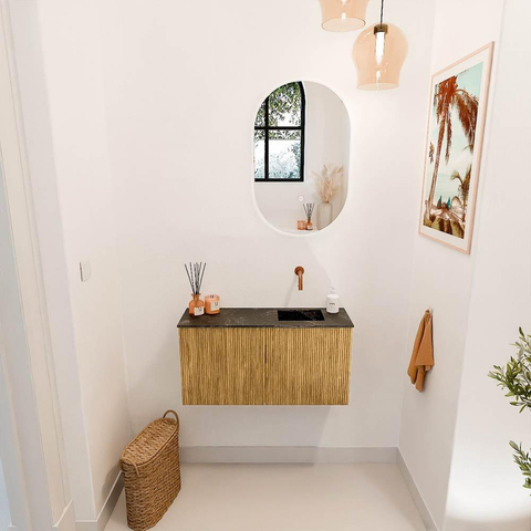Mondiaz JOYA-DLUX 80cm toiletmeubel - kleur Oak - Wastafel FAYE positie Rechts Zonder kraangat kleur Lava. SW1422043